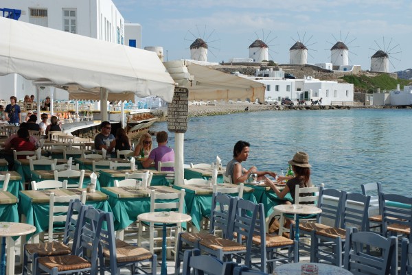 Waterfront cafe in Chora, Mykonos, Greece
