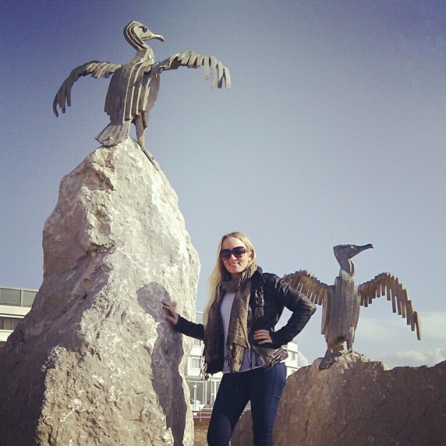 Posing with the bird sculptures on the pier in Morecambe