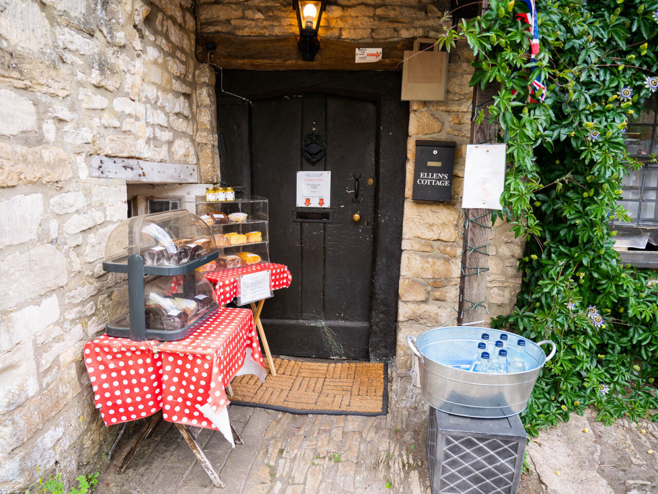 Snacks and water outside Ellen's Cottage, Castle Combe
