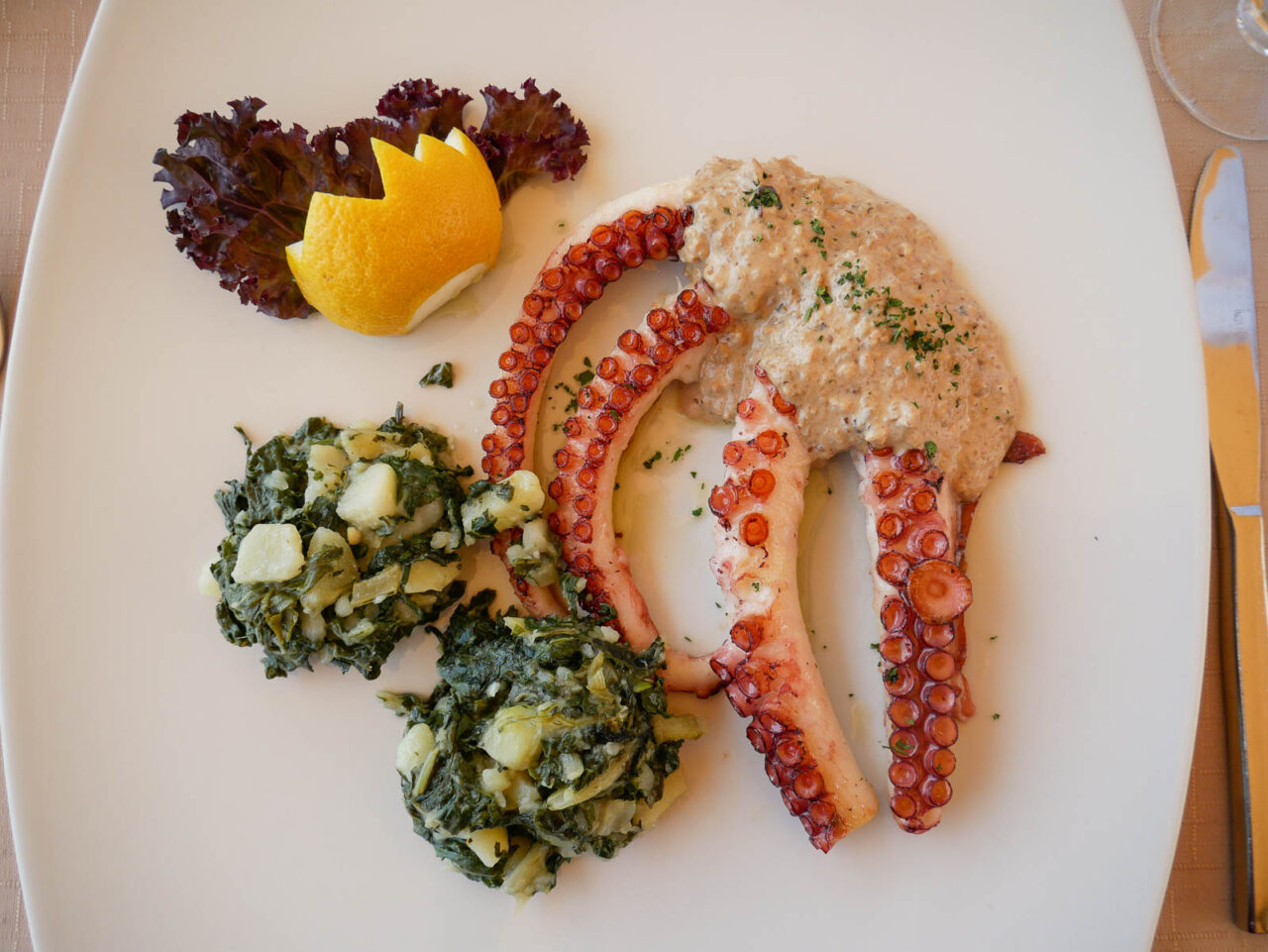 Montenegrin food - grilled octopus with potatoes and spinach