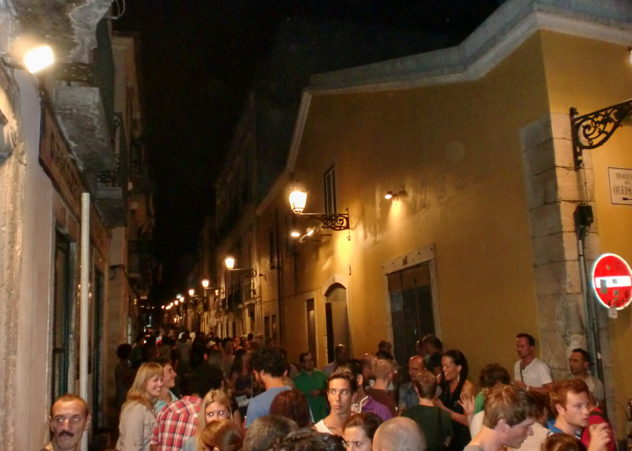Crowded street in Barrio Alto at night