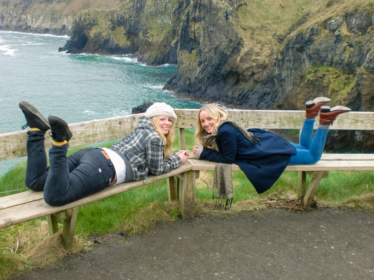 Posing on a bench near Cliffs of Moher