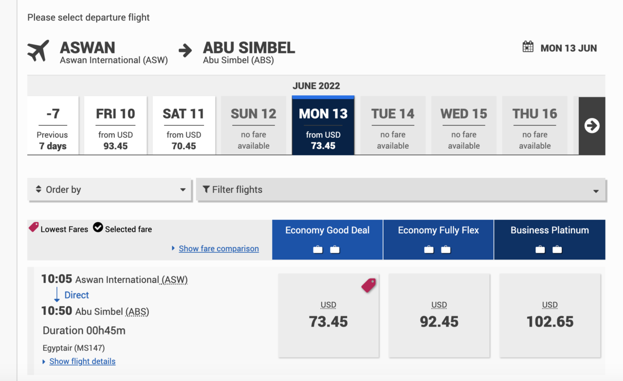 Aswan to Abu Simbel Egyptair
