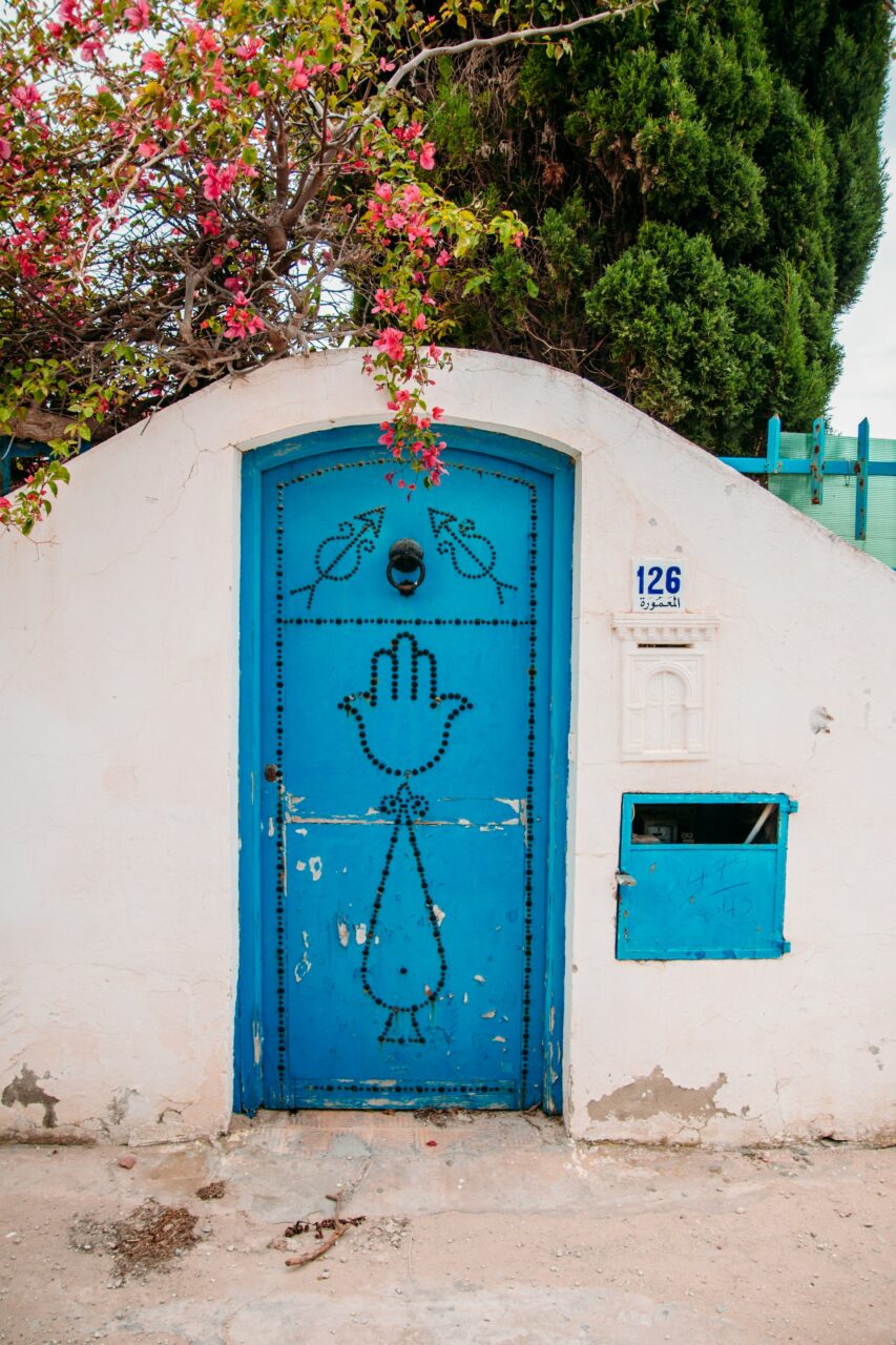 Blue door with Fatima hand in Tunisia
