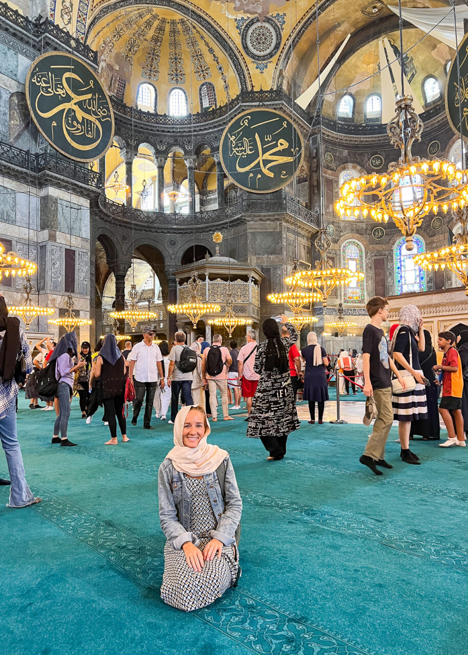 Kneeling on the floor inside the Hagia Sophia 