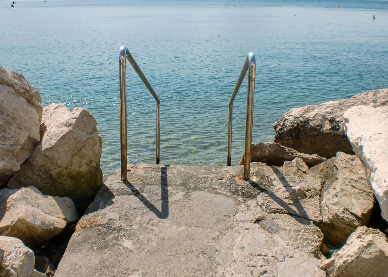 Stairs leading to the Adriatic Ocean in Piran, Slovenia