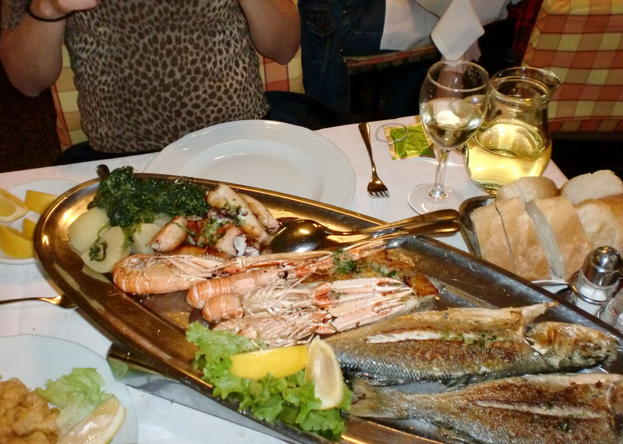 Plate of seafood at a restaurant in Piran, Slovenia