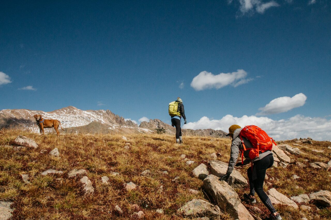 Two hikers hiking in Gore Range, United States
