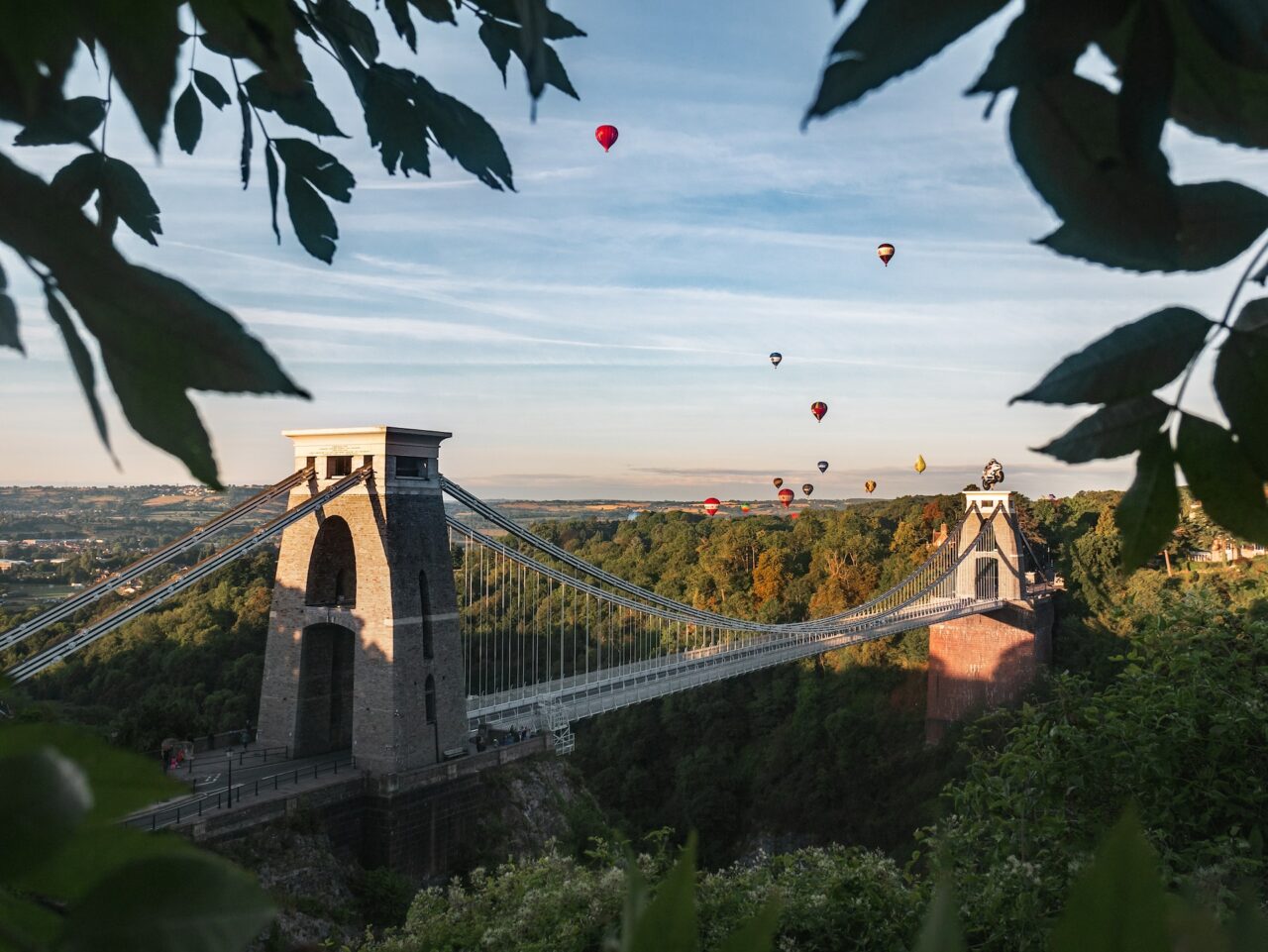 Hot air balloons over Clifton Suspension Bridge, UK