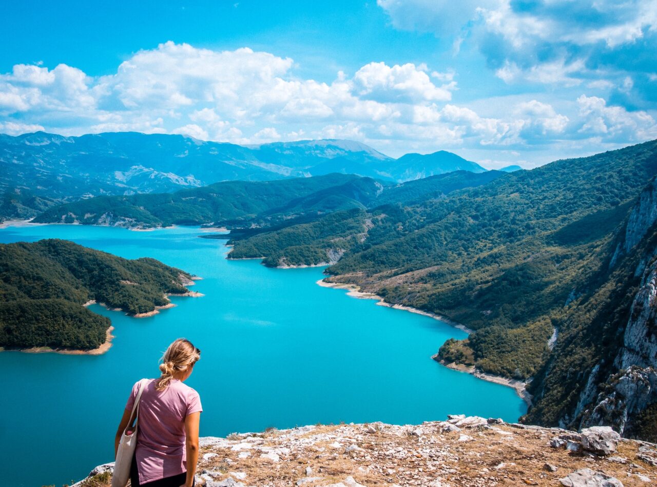 Woman hiking at Bonilla Reservoir Albania