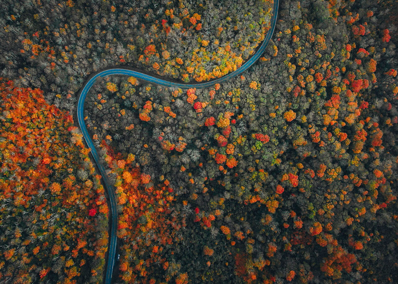 Aerial view of Blue Ridge Parkway in fall 