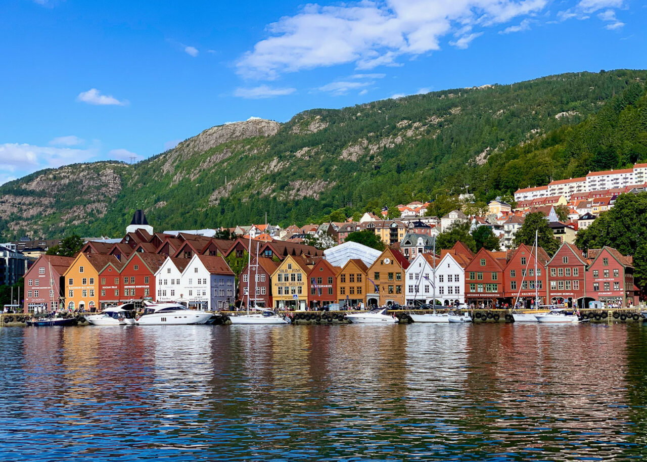 Colorful wooden buildings on the water in Bryggen, Bergen