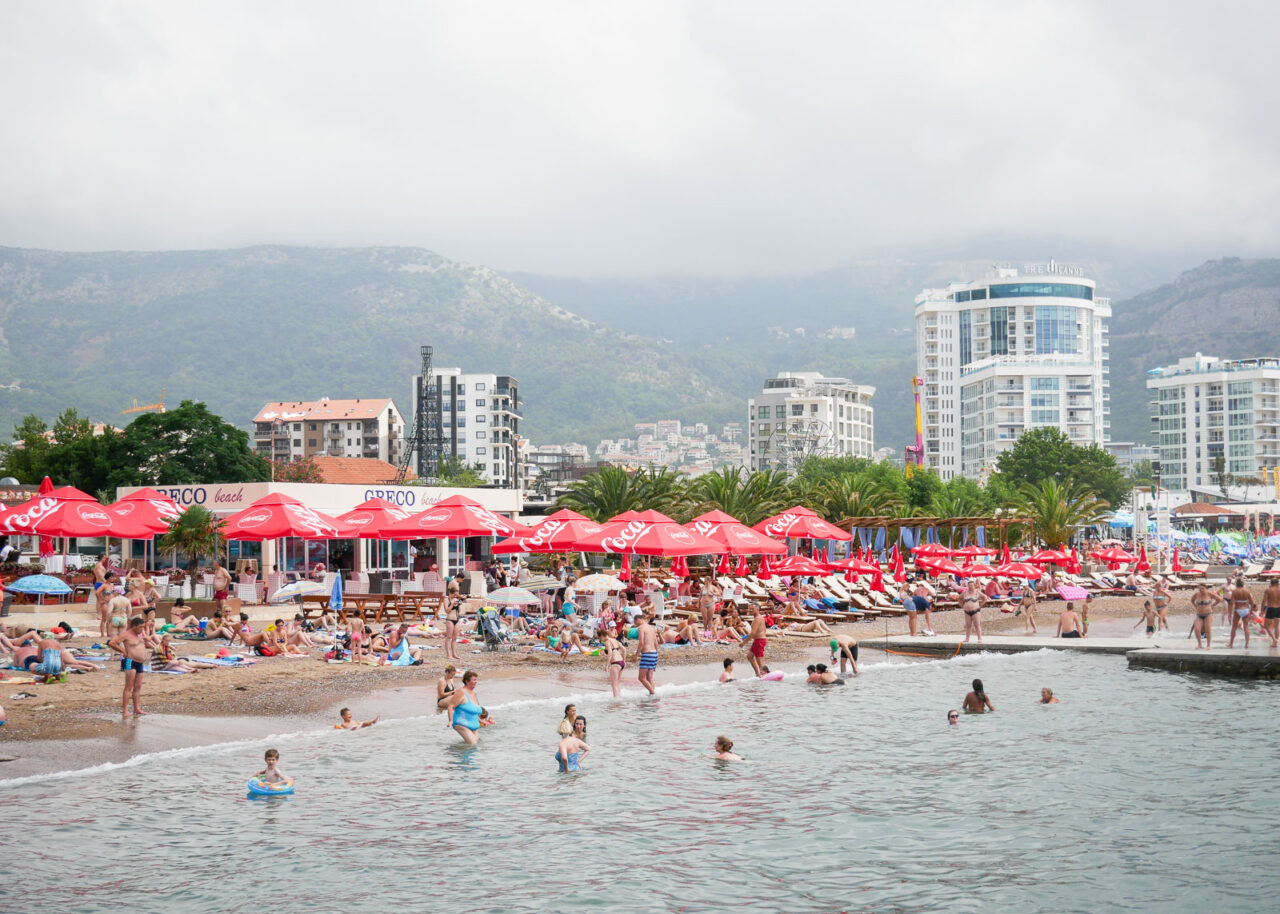 Crowded Beach Greco on a cloudy day in Budva
