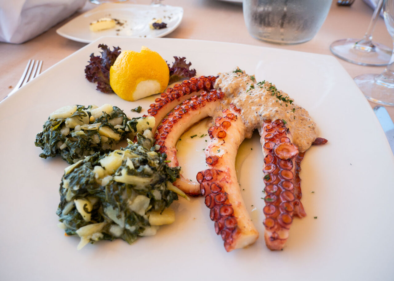 Grilled octopus with potatoes at a restaurant in Perast, Montenegro