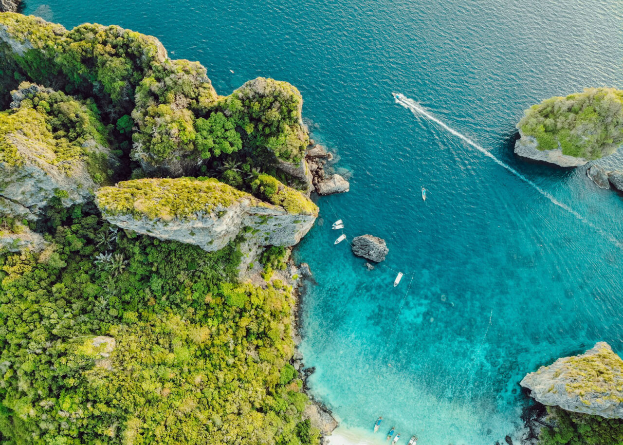 Drone shot of Phi Phi islands in Thailand