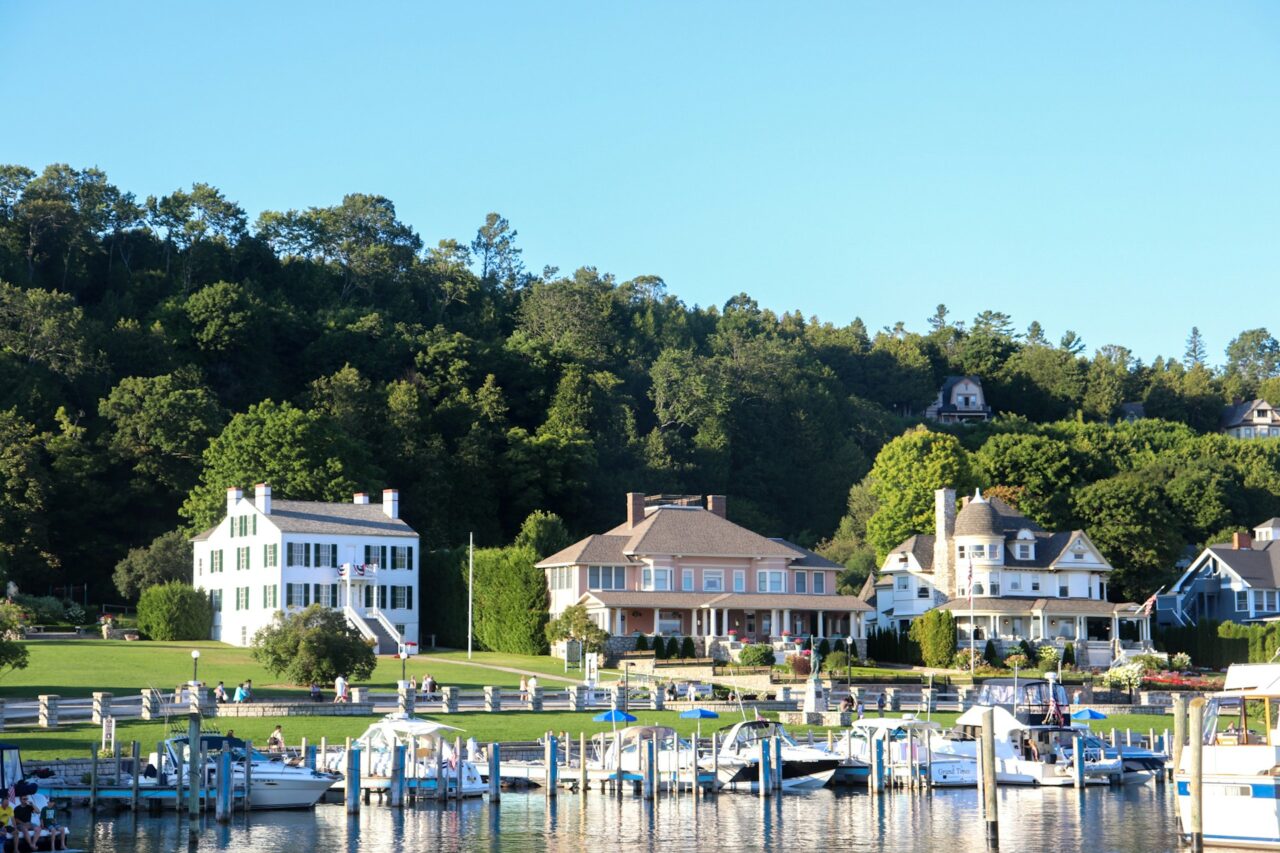 Boats and houses on the waterfront in Mackinac Island, Michigan