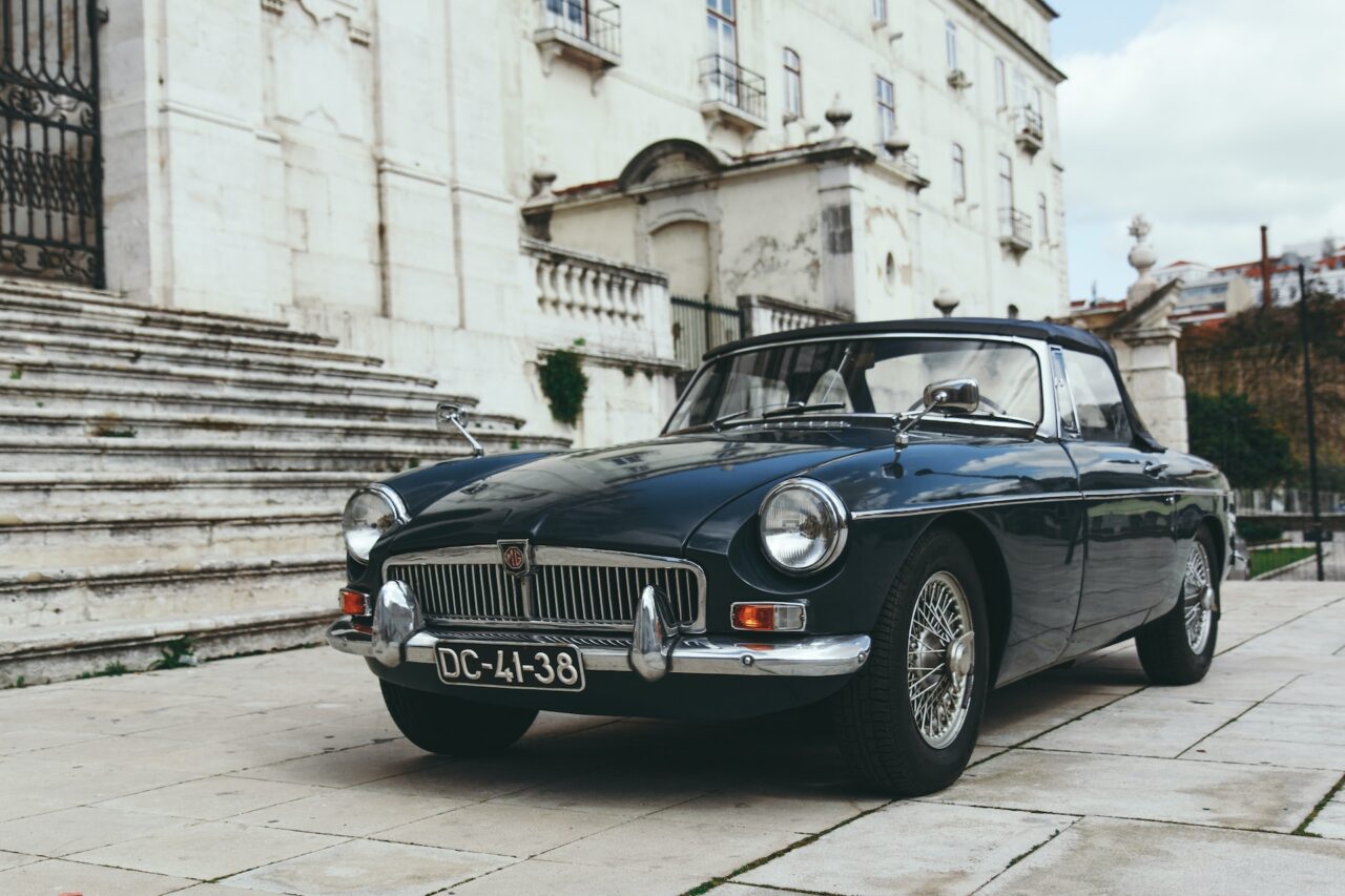Navy blue classic car in Lisbon, Portugal