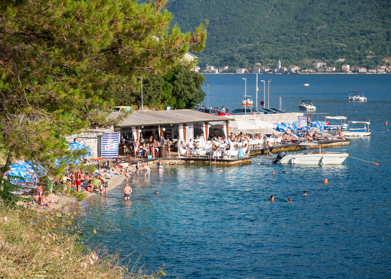 Peskovita Plaza Beach and Pirate Bar in Perast, Montenegro