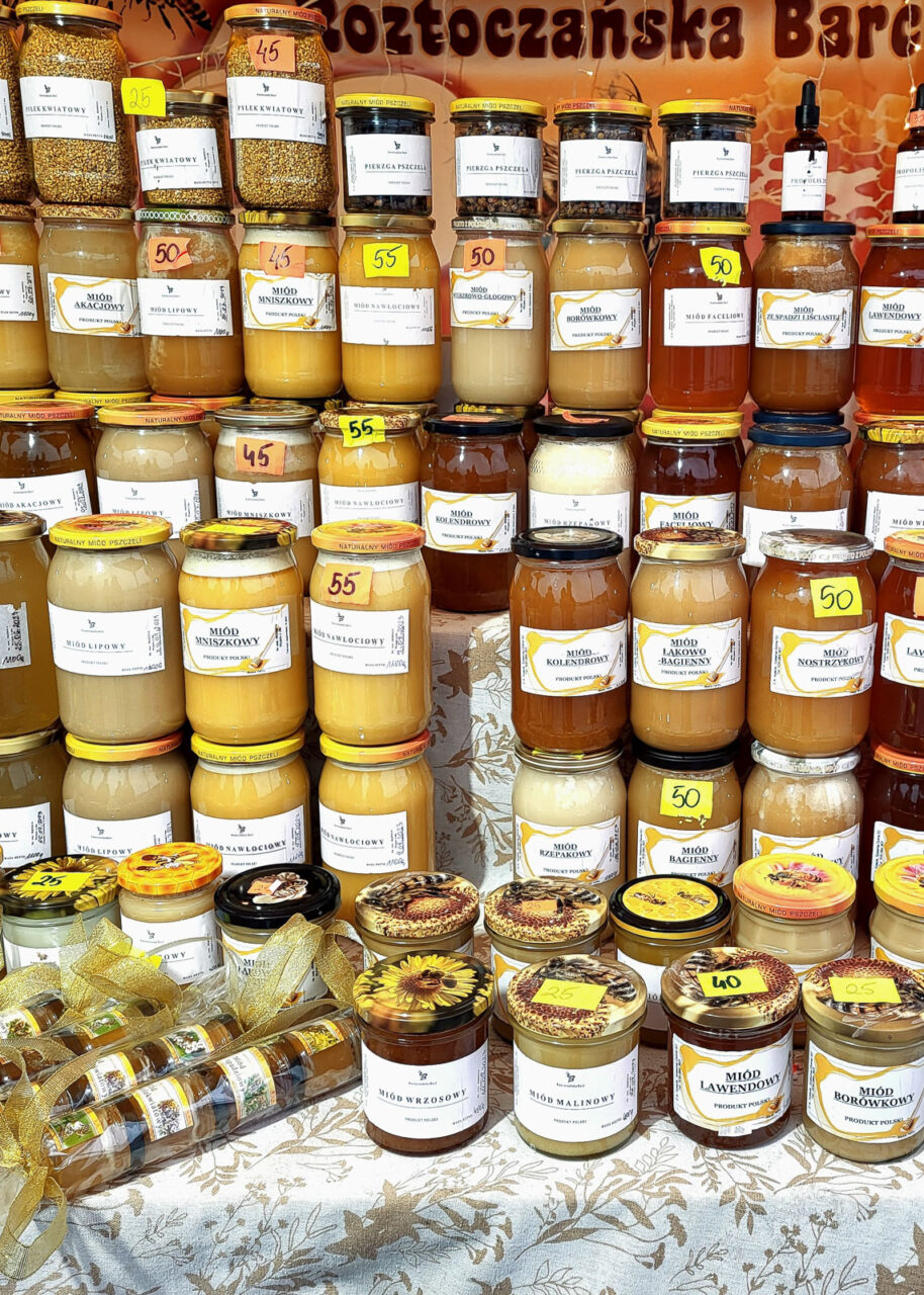 Polish honey for sale at a market in Lomza, Poland