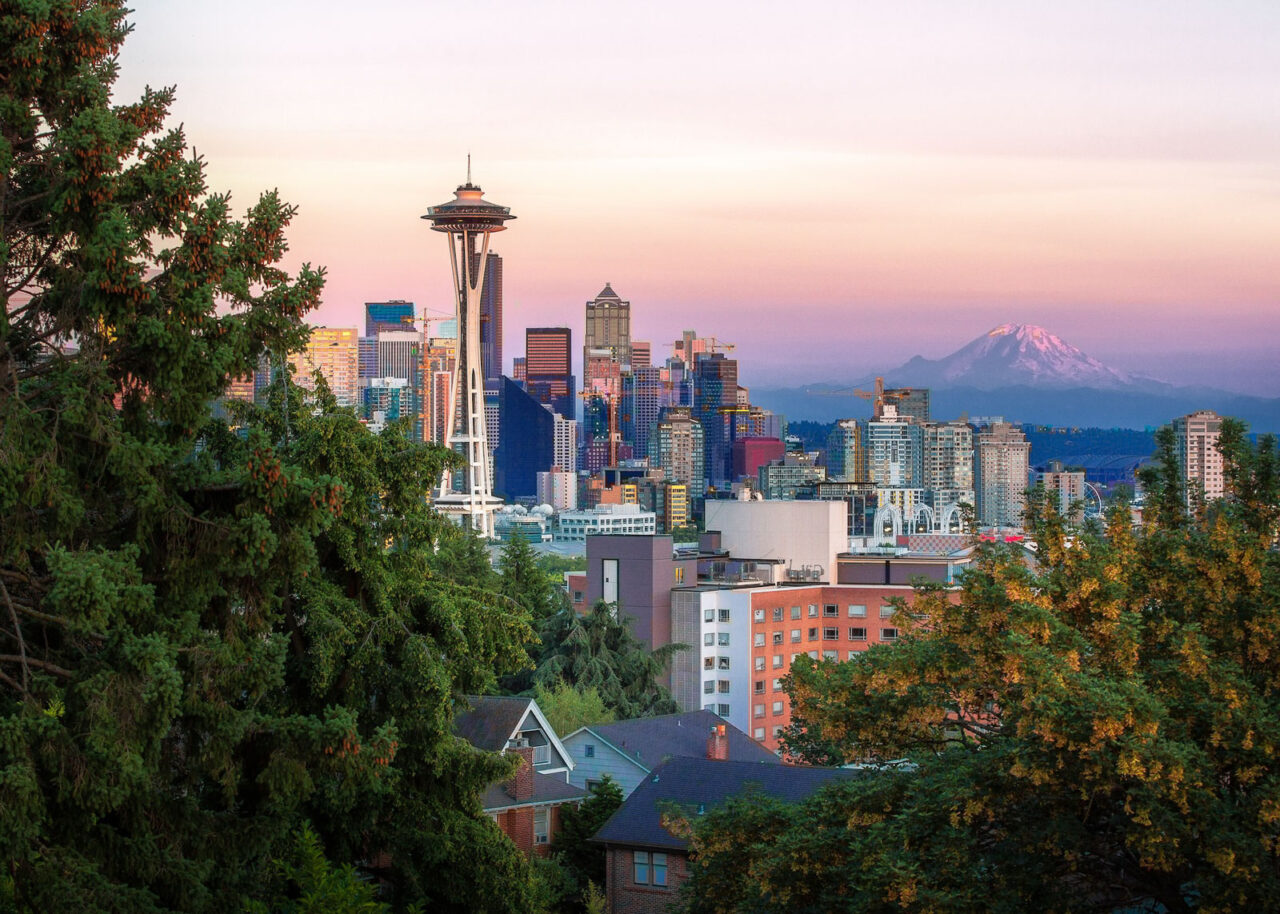 Seattle - the Space Needle and Mount Rainier at sunset