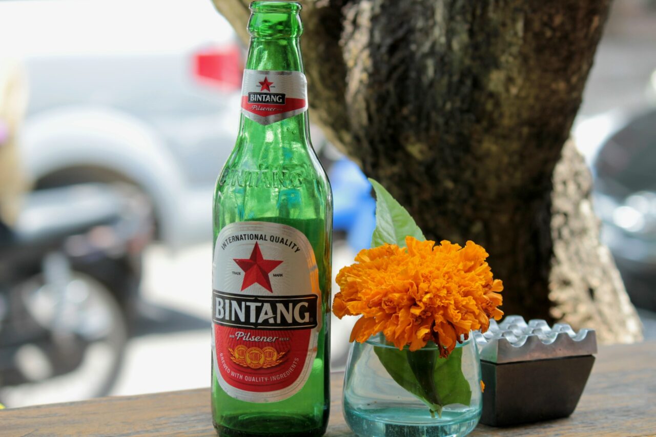 Bottle of Bintang beer on a table in Bali