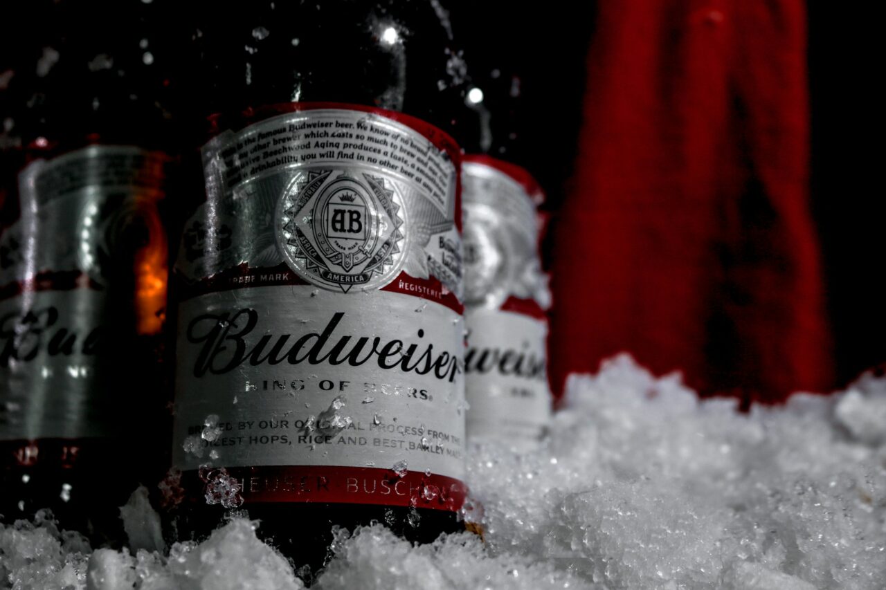 Budweiser beer bottles on ice