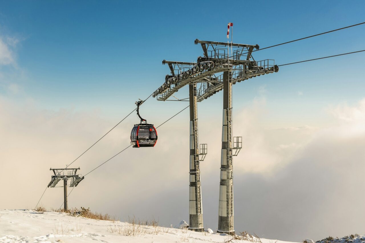 Cable car on a snowy mountain