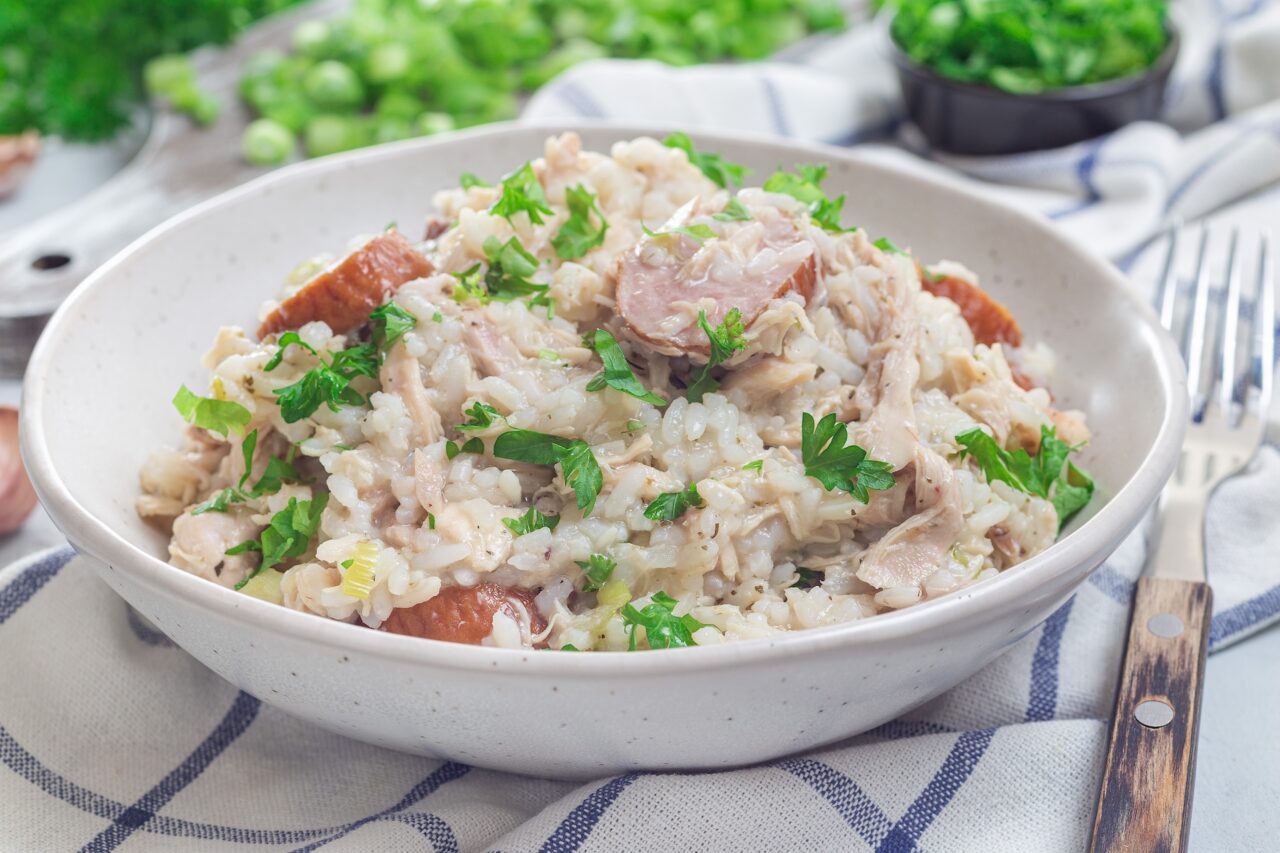 Homemade South Carolina chicken bog in a white bowl