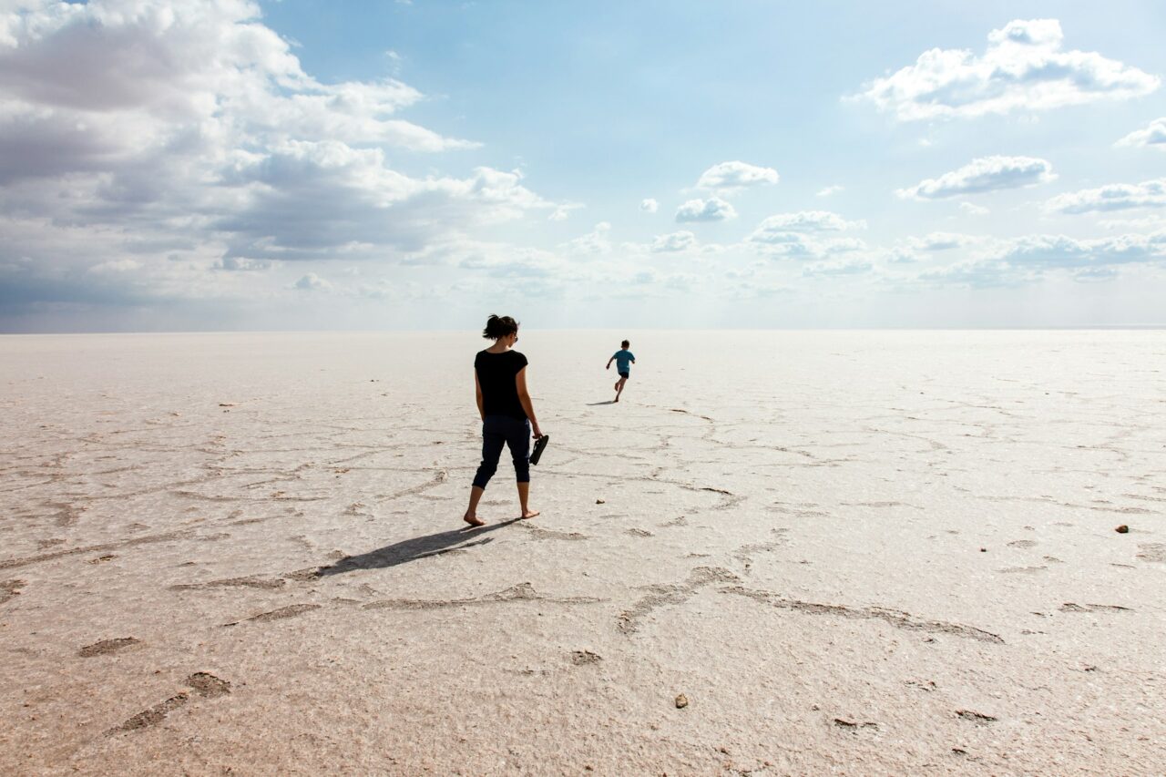People walking on Chott el Djerid salt flat