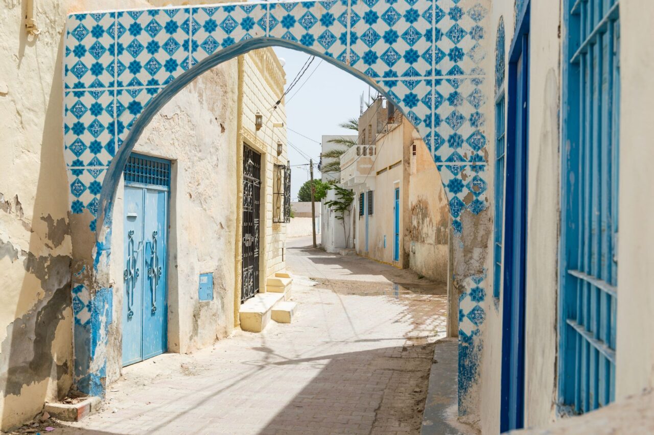 Blue tile archway in Djerba, Tunisia