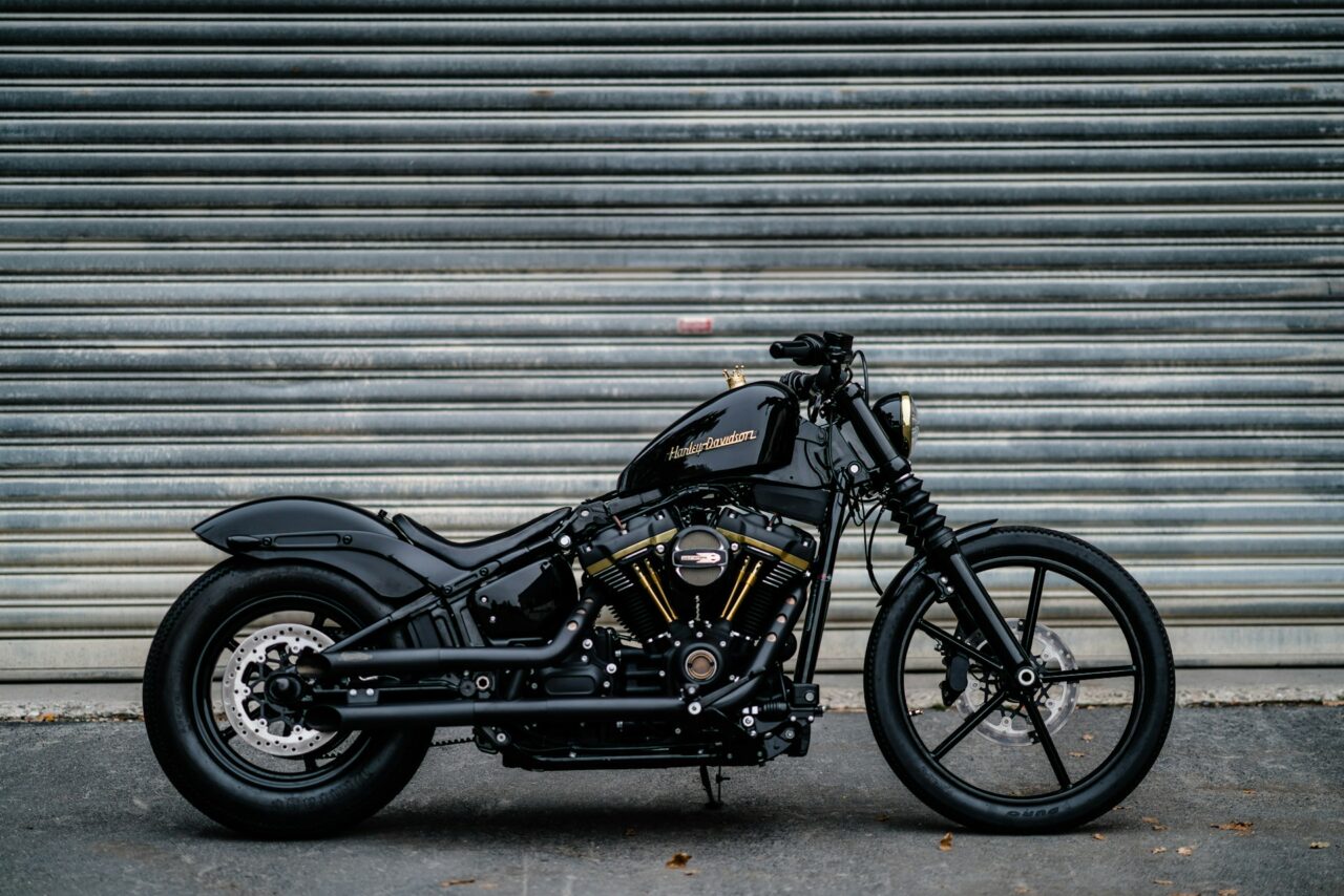 Harley Davidson motorbike in front of a shutter
