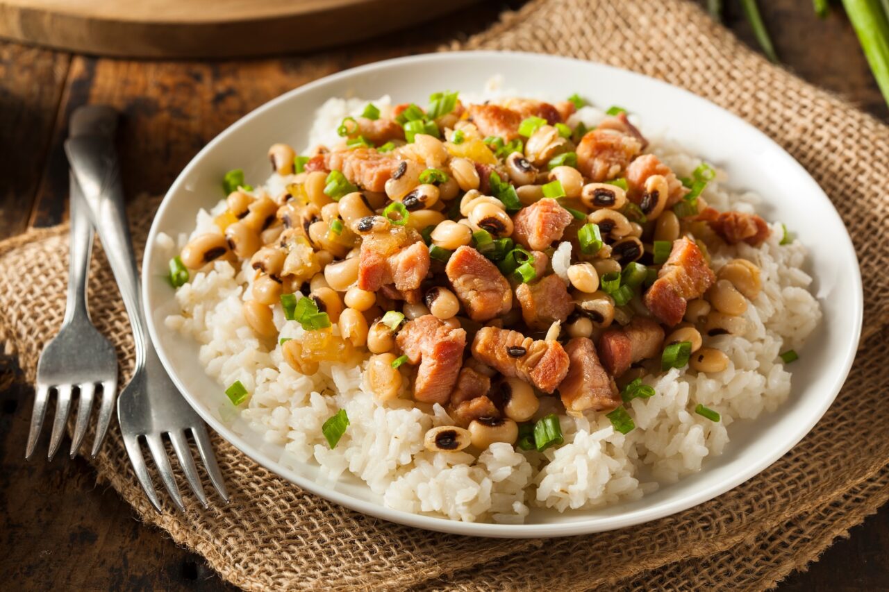 Bowl of Hoppin John with rice - typical South Carolina food