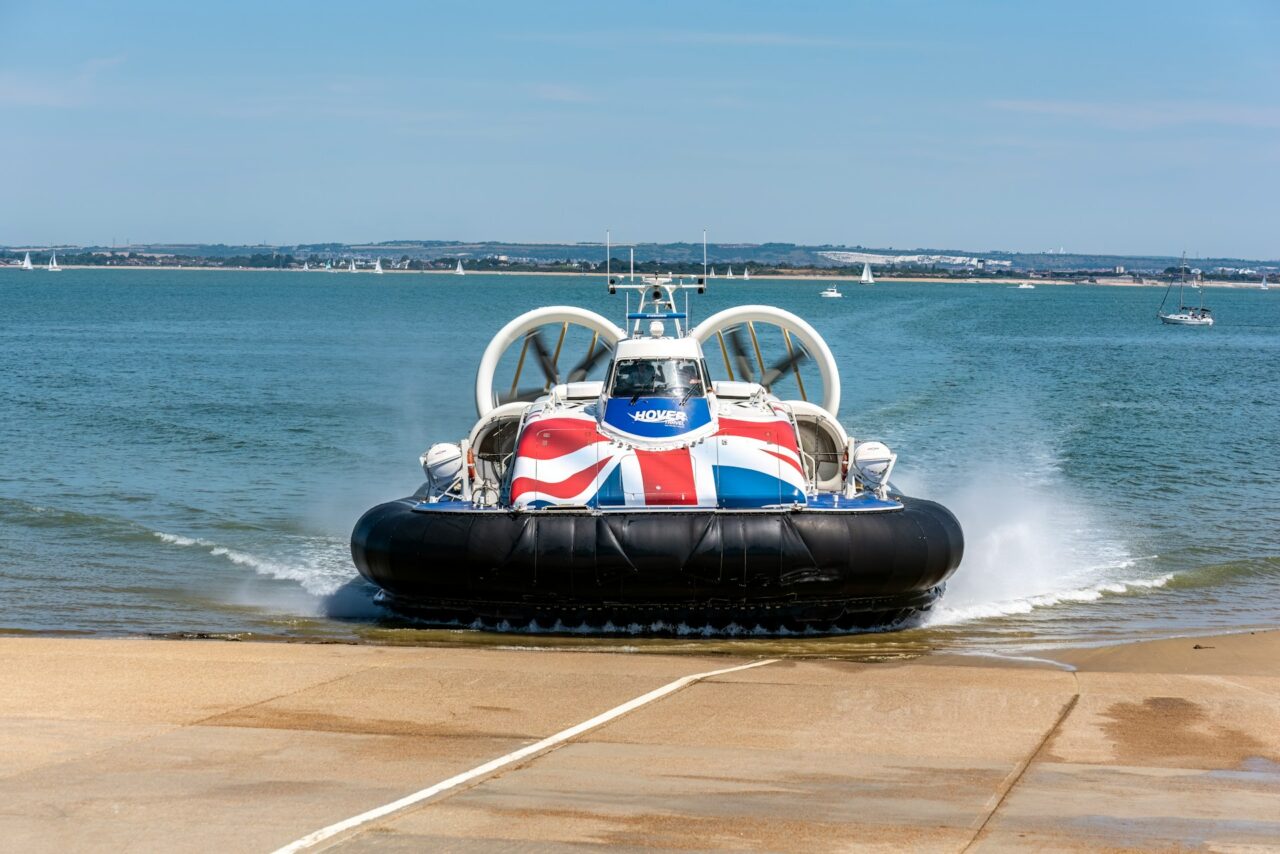 Hovercraft landing at Ryde Hovertravel Terminal on the Isle of Wight
