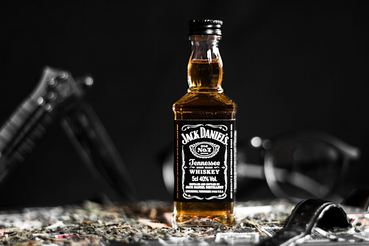 Bottle of Jack Daniels Tennessee whiskey on a dark background 