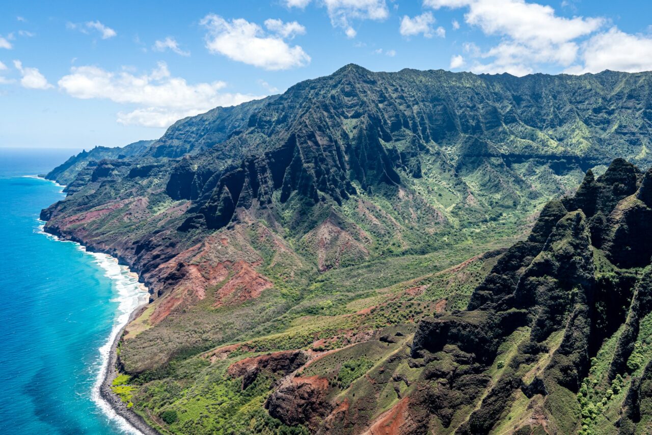 Aerial view of the Na Pali coast in Hawaii