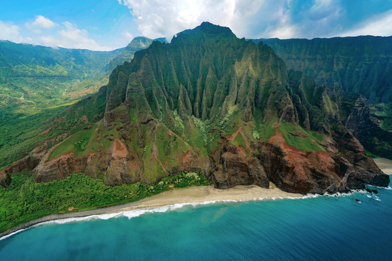 View from a helicopter of the Na Pali coast in Hawaii