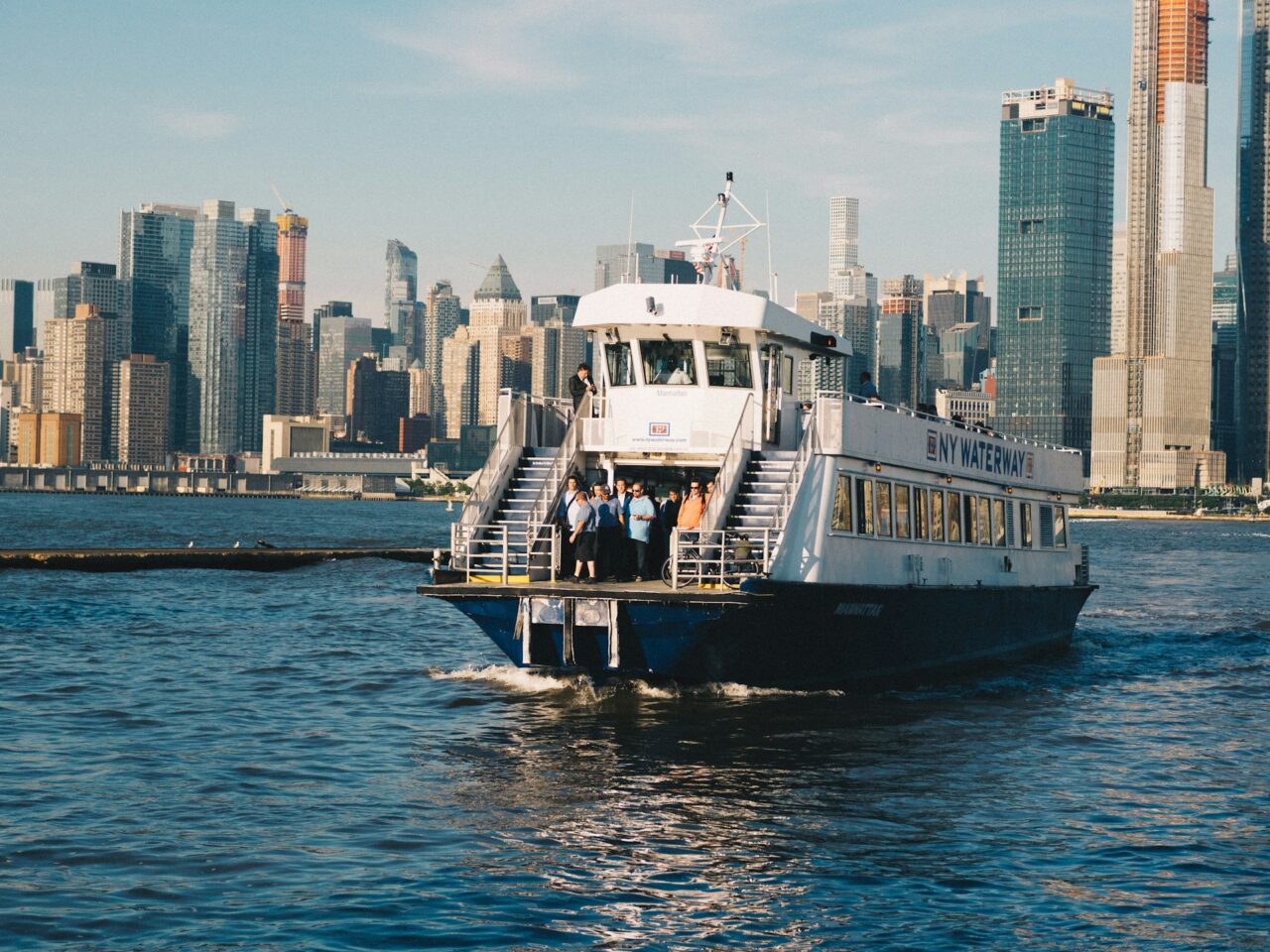 NY waterway ferry on the Hudson River with Manhattan in the background