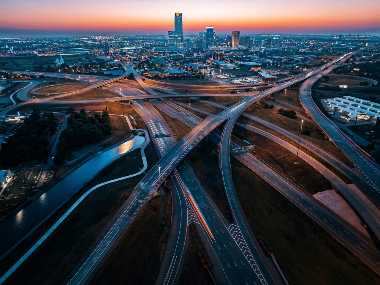 Aerial view of highways at sunset in Oklahoma City