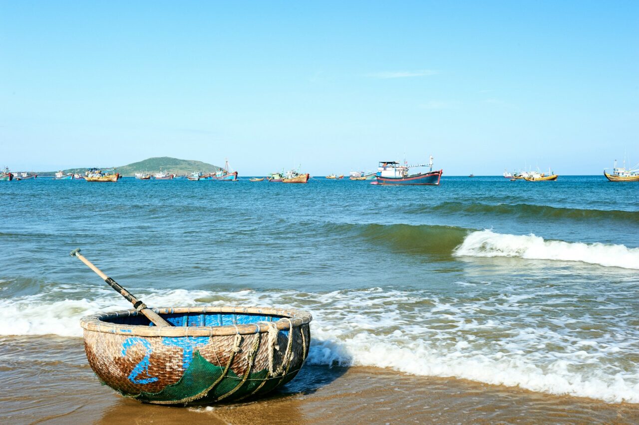Round coracle boat on the beach in Vietnam
