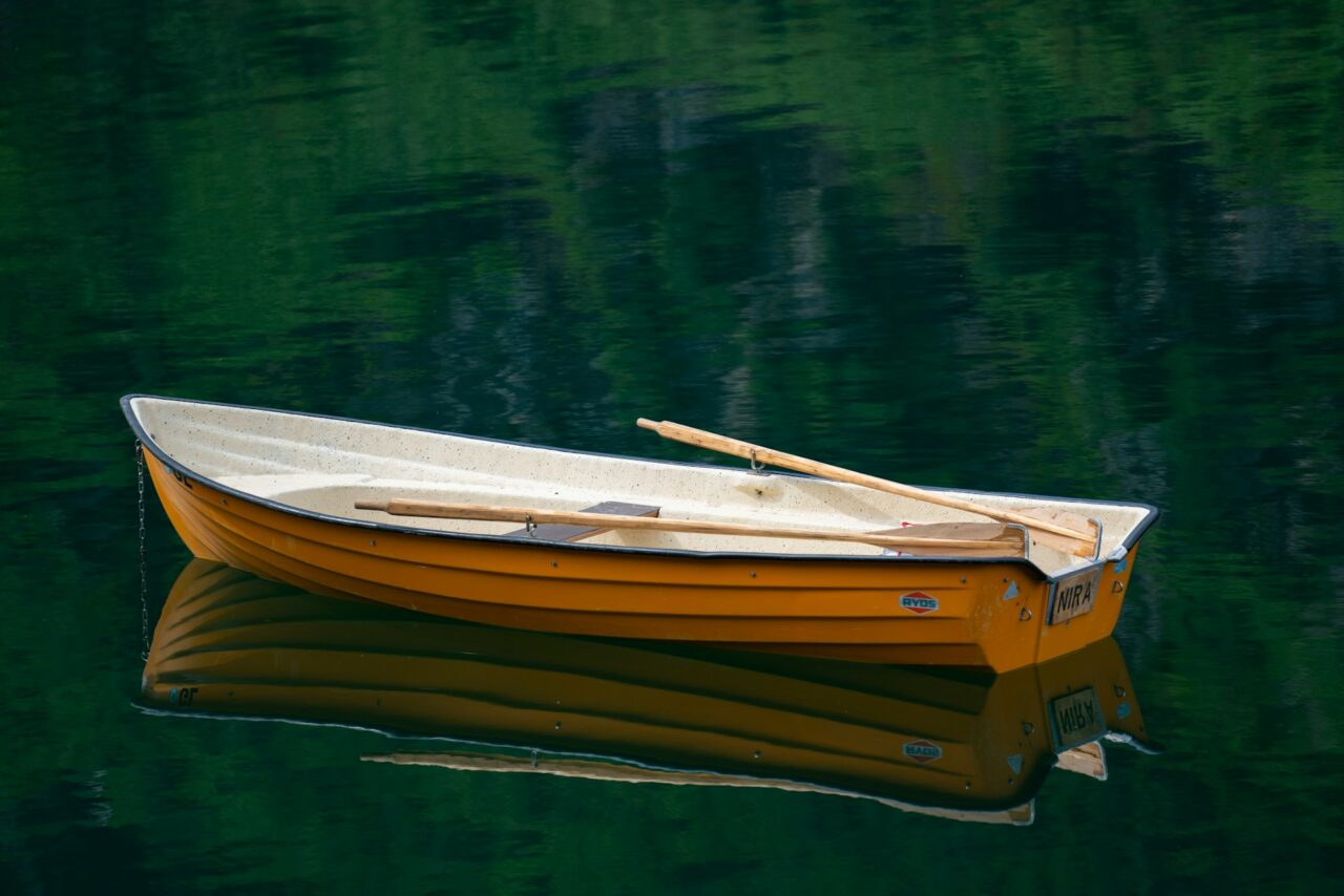 Brown rowing boat with two oars on the water