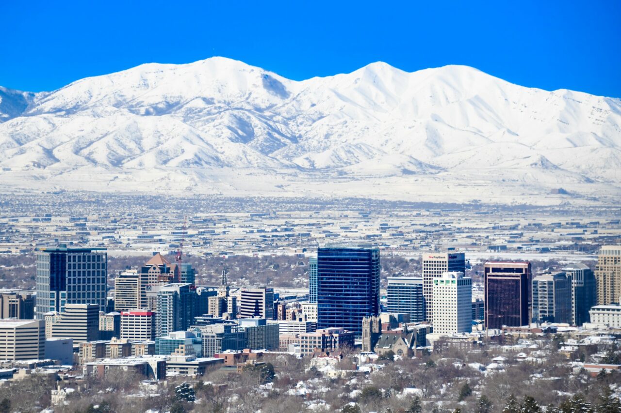 Salt Lake City skyline with snow capped mountains