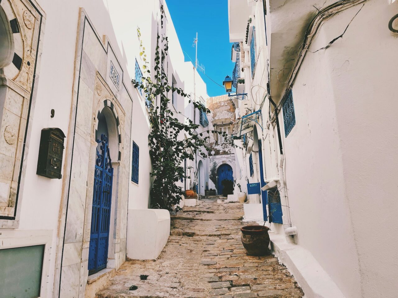 Narrow street with blue and white buildings in Sidi Bou Said Tunisia