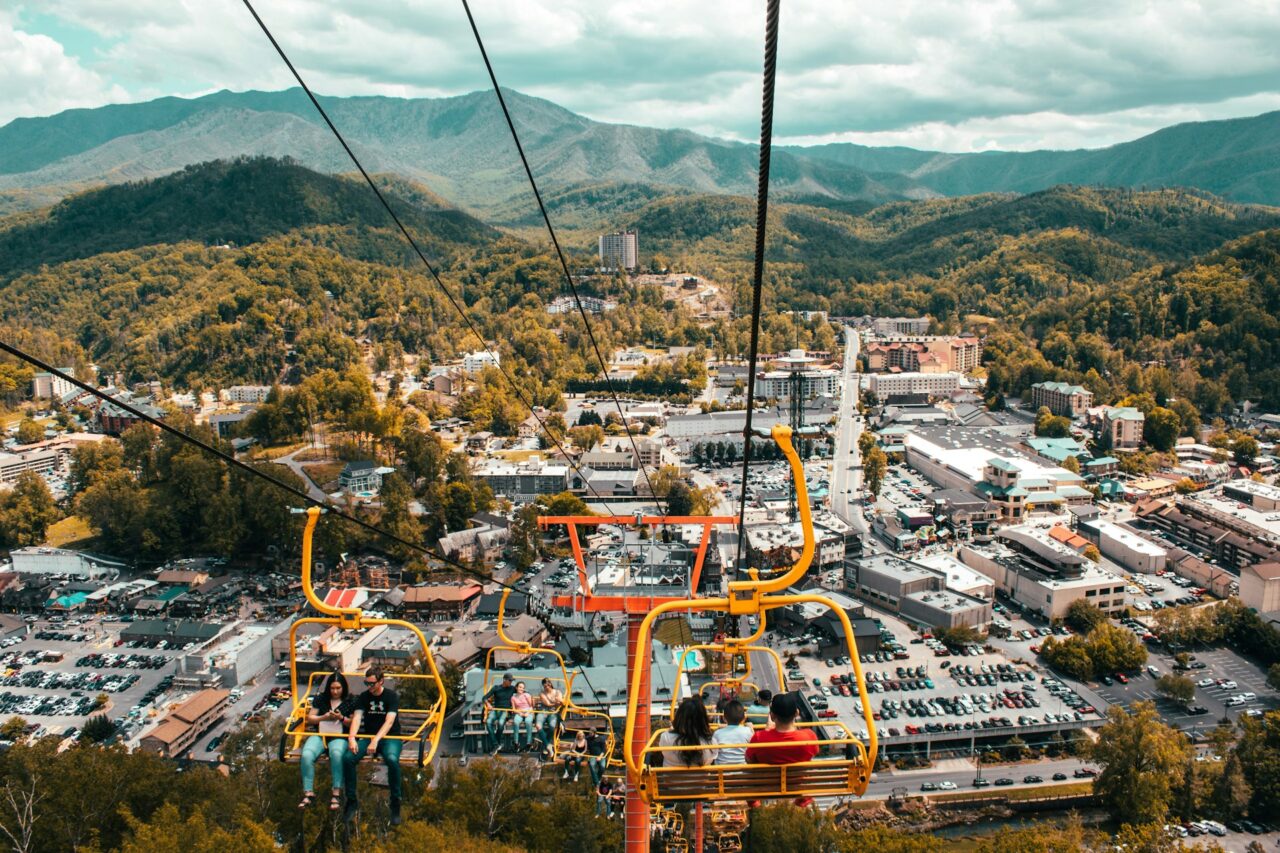 People riding a ski lift in Pigeon Forge