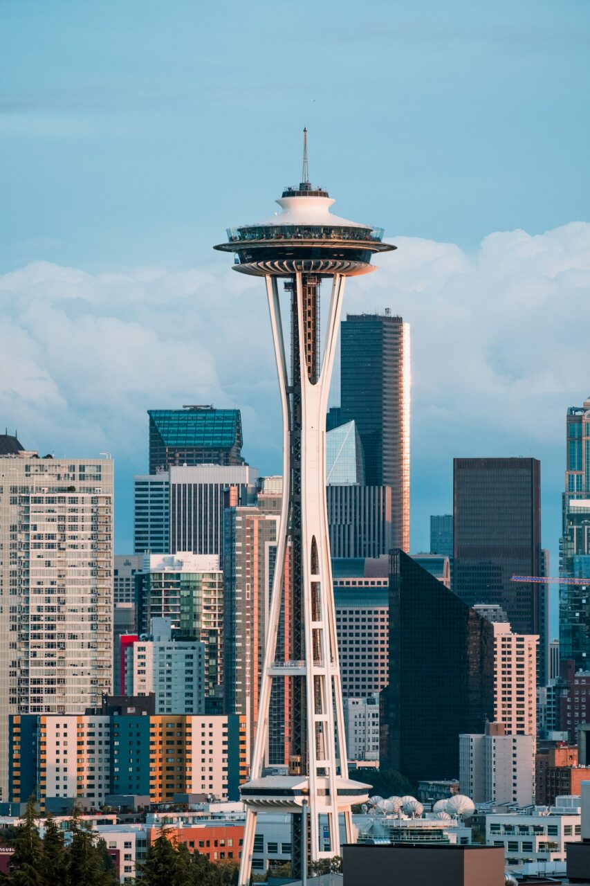 Close up of the Space Needle, Seattle's most iconic landmark