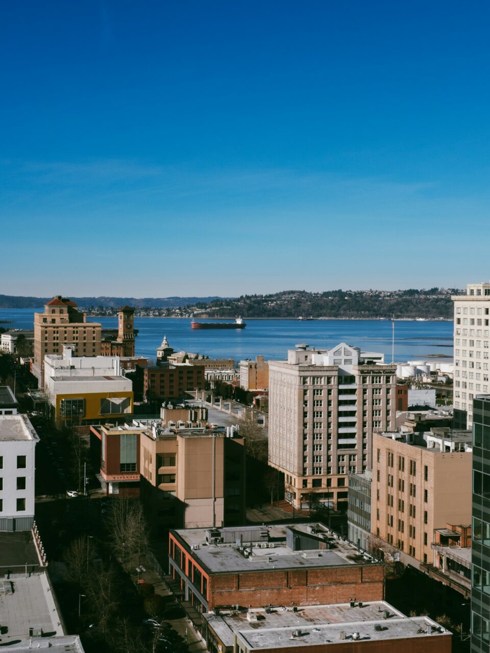 View of Tacoma, Washington with ocean in the background