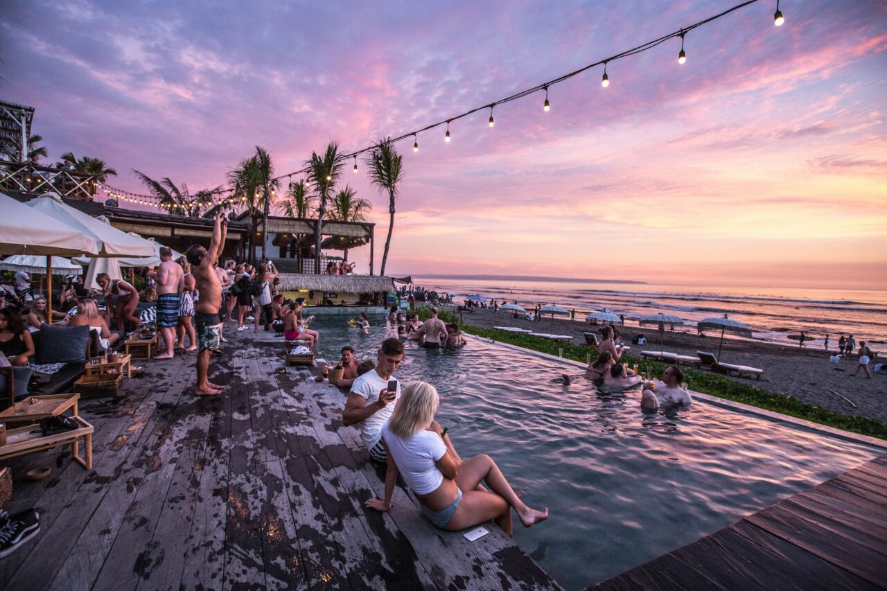 The Lawn Beach Club in Bali at sunset