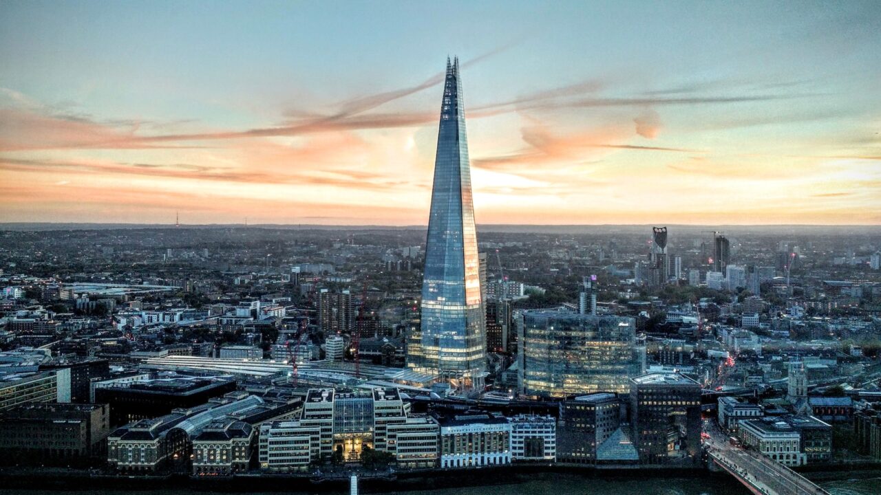 View of the Shard at sunset in London