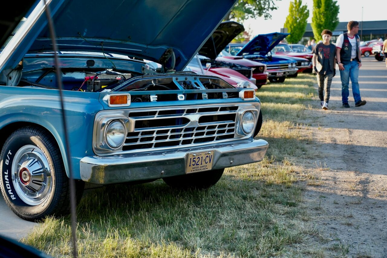 Vintage Ford car with hood open in Michigan