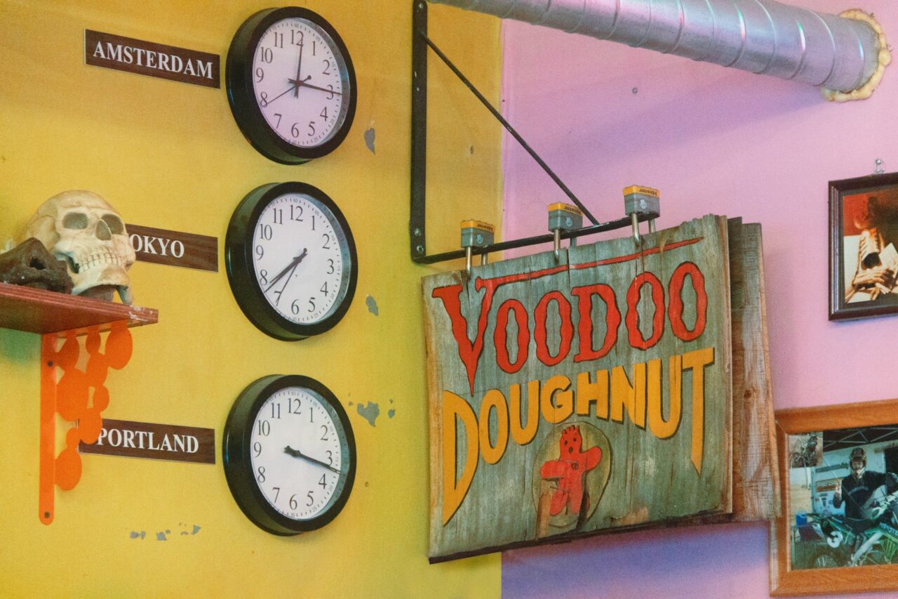 Voodoo Doughnut sign on the wall at Voodoo Doughnut, Portland