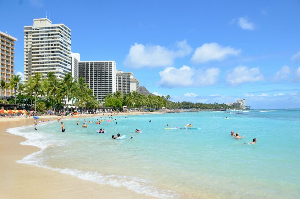 People swimming on Waikiki Beach in Hawaii
